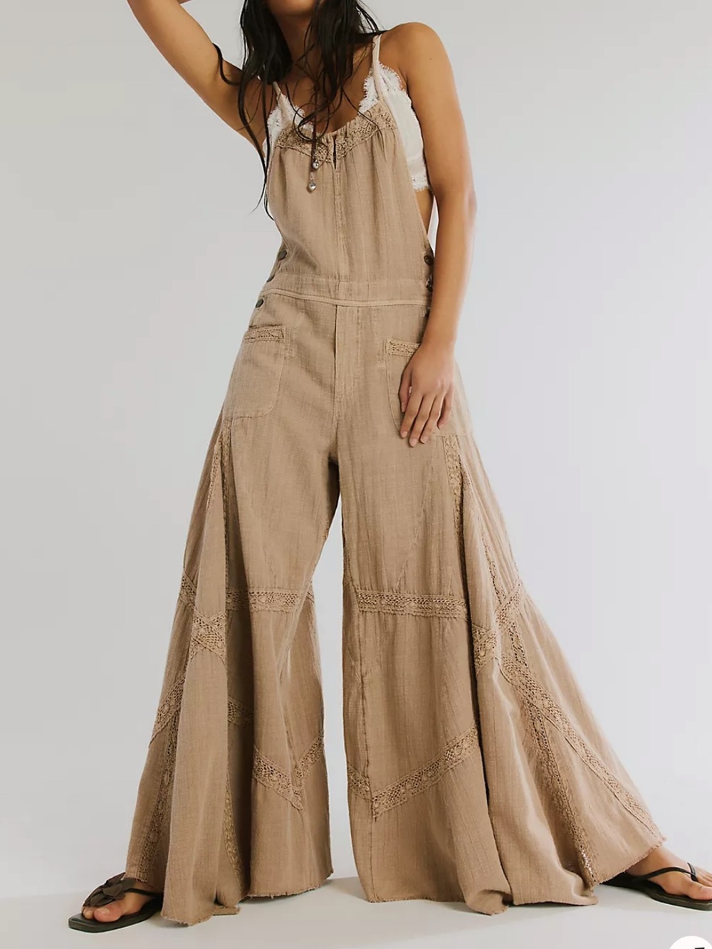 Free People Boho Wide-Leg Tan Overalls Jumpsuit